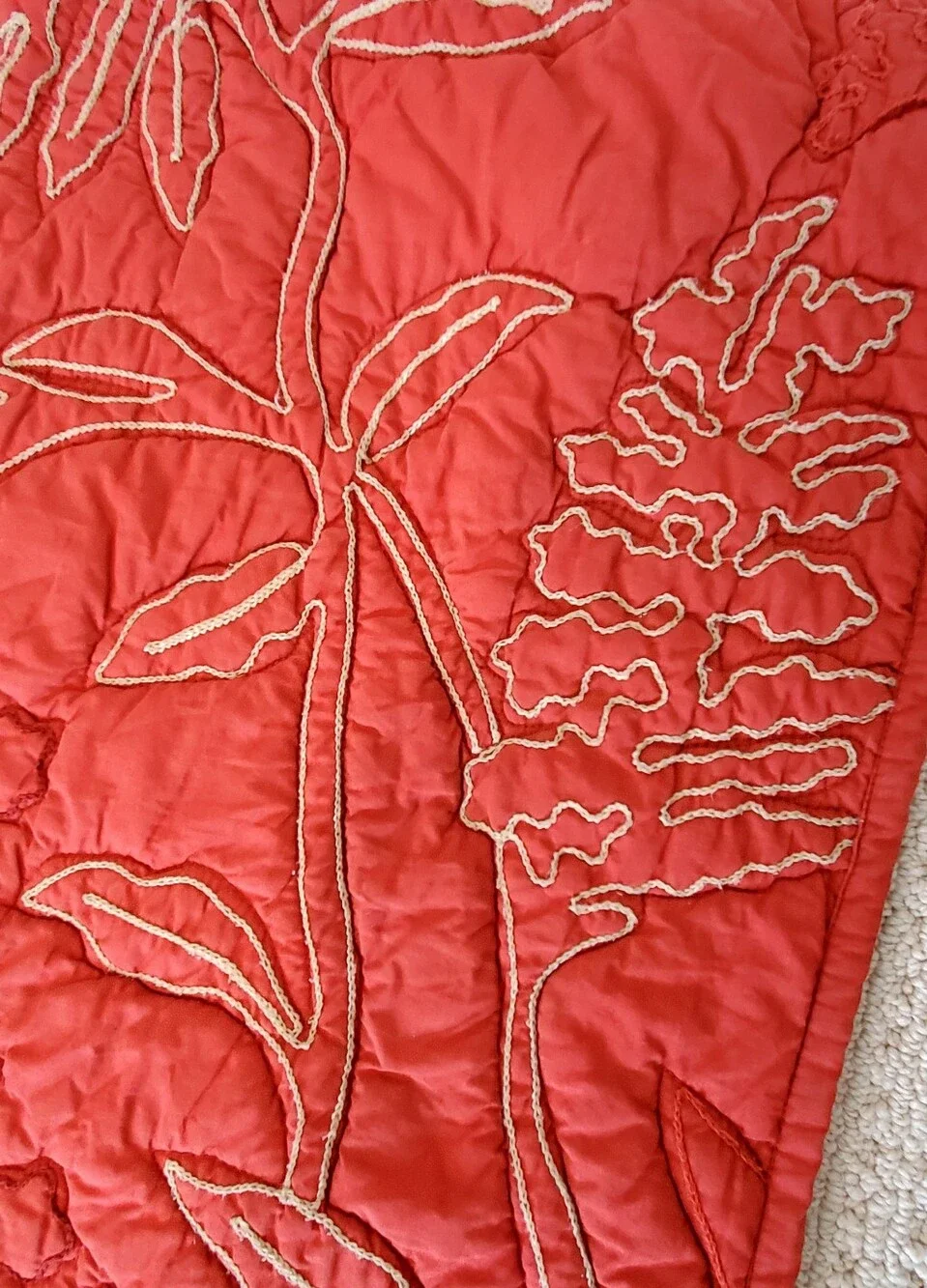 3 Pottery Barn Brick/Tan Organic Cotton Crewel Leaf Botanical Quilted Euro Shams
